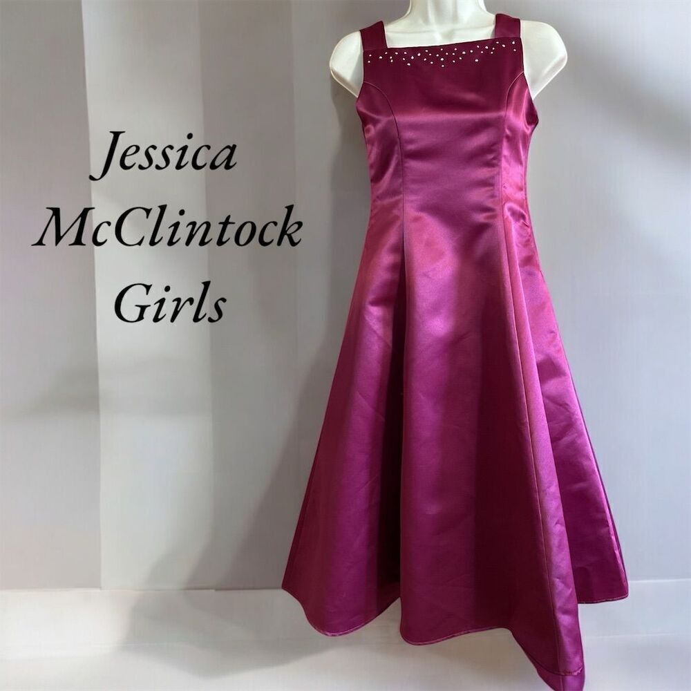 Jessica McClintock Girls Burgundy Satin Square Neck Rhinestone Formal Dress